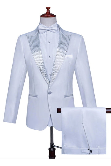 White Peak Lapel 2 Piece One Button Men's Prom Suit with Beading